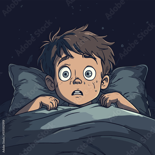 boy in bed having nightmares, vector style simple color