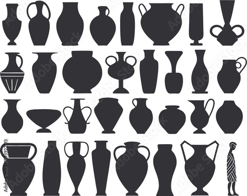 Black set of ceramic pot. Silhouette collection of icons with bowl. Retro ceramic vases in trendy minimalist style. Vector pottery icons for logo, postcard, posters, posts and stories
