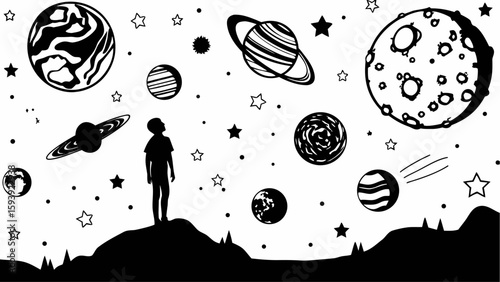 Silhouette of a boy looking at planets and stars in space with a landscape in the foreground drawing art