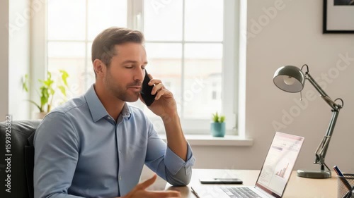 Businessman Talking on Phone While Working on Laptop