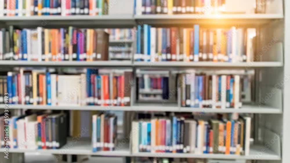 Blurred Library Bookshelves With Colorful Books And Sunlight Blurred Library Bookshelves With Colorful Books And Sunlight