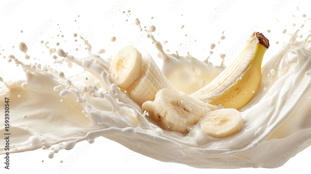 Fototapeta premium milk splash with fresh bananas against white background