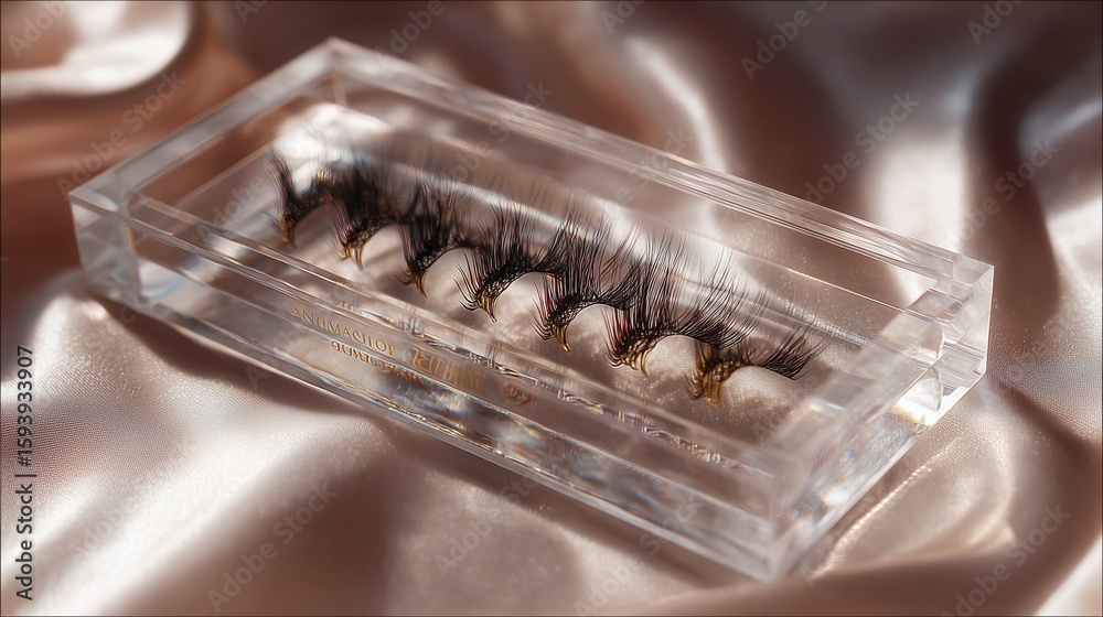 **Lashes displayed elegantly in a transparent acrylic case, fanned out perfectly on a soft silk background with subtle reflections **Lashes displayed elegantly in a transparent acrylic case, fanned out perfectly on a soft silk background with subtle reflections