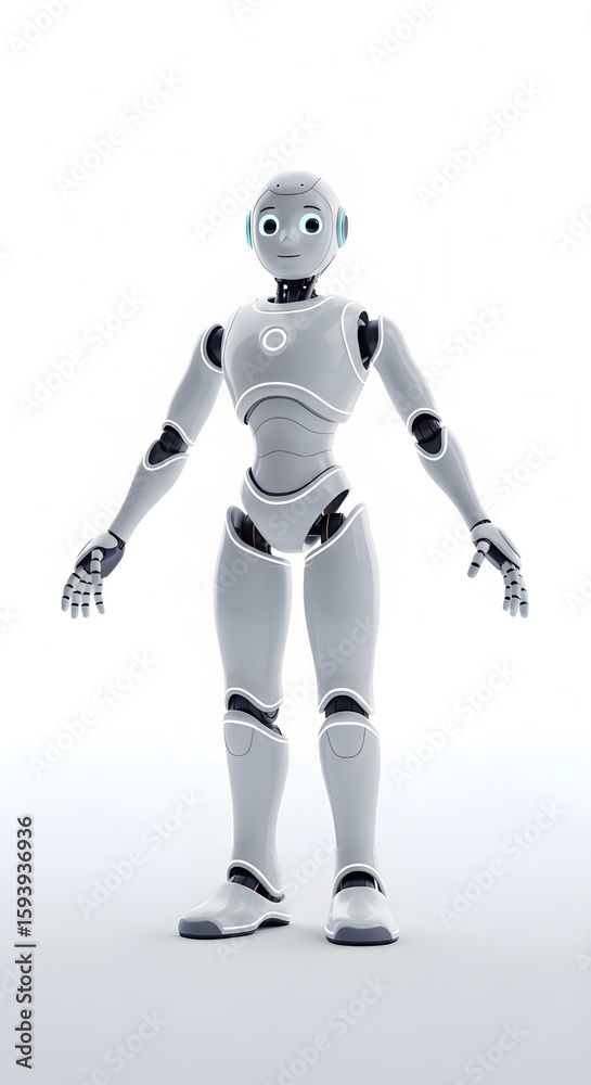 White Humanoid Robot Standing in Neutral Pose Isolated on a Plain Background White Humanoid Robot Standing in Neutral Pose Isolated on a Plain Background