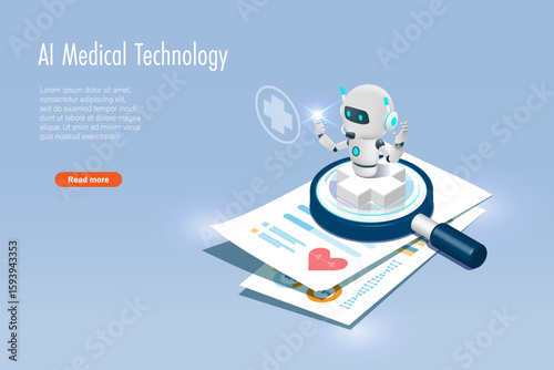 AI robot on magnifying glass and patient medical record. Artificial intelligence innovation technology for diagnosis, data research, and increasing accuracy patient treatment. Medical technology.