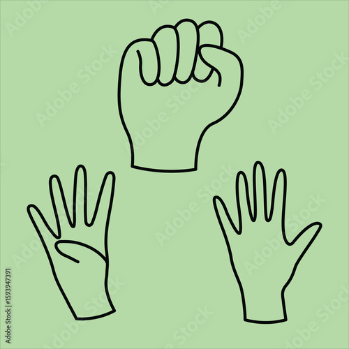 Illustrative Hand Positions Fisted, Palm Open, and Finger Spread Against a Soft Green Backdrop