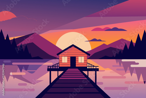 Sunset by the Lake with Wooden Pier Scene