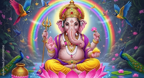 Divine Elephant God Ganesha with Blessing Pose.Festive Ganesh Chaturthi Artwork with Lights, Digital Idol of Ganesha ,Ganesh with Golden Ladoo,Illuminated Ganesha Painting,Religious Hindu God Ganesha 