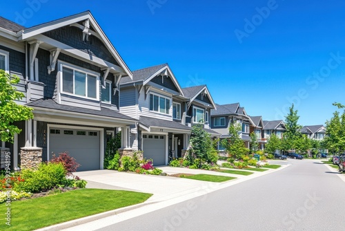 elegant empty-nester townhouses, residential neighborhood, bright summer day