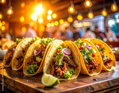 Artistic wide shot of a bustling taqueria scene, foreground features a beautifully plated Tacos al Pastor, background subtly blurred with warm ambient lighting, rich color grading, cinematic compositi
