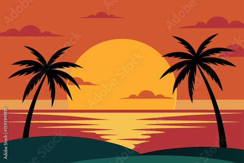 Tropical Beach Sunset with Palm Trees and Golden Sand