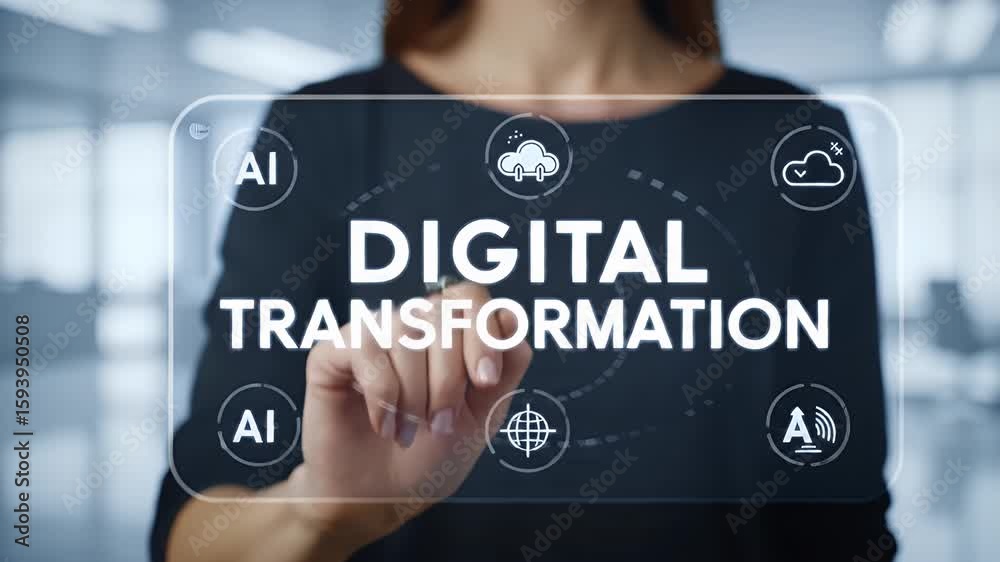 Businesswoman Activating Digital Transformation Hologram on Transparent Touchscreen Interface with Artificial Intelligence Icons in Modern Office
