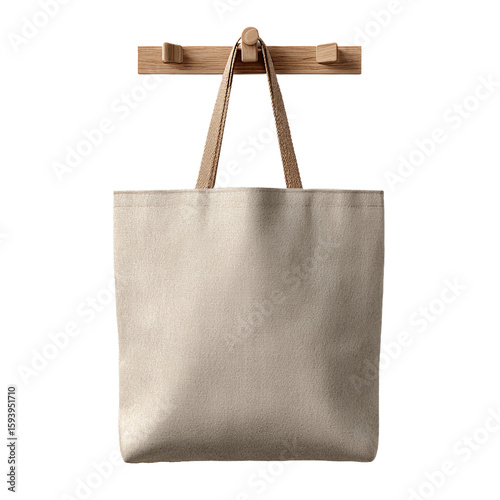 Tote bag hanging from a wooden rack against a solid color on transparent background