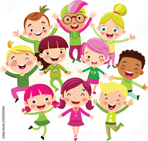Diverse group of happy children with arms raised kids