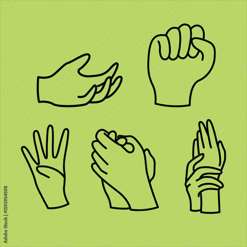 Fototapeta premium Expressive Hand Illustrations Showcasing Diverse Gestures on Green Background