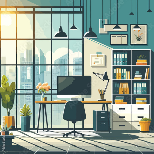 Modern living room interior design with stylish furniture, a comfortable sofa, and a functional desk, perfect for a home office or apartment living