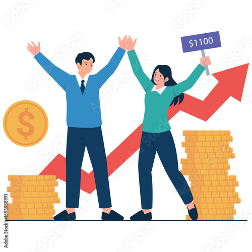 Revenue Growth Illustration. Vector illustration of A man and woman celebrate a financial achievement with raised hands, coins, and a rising arrow behind them. Isolated on background