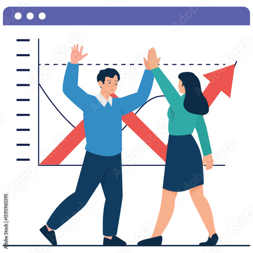 Revenue Growth Illustration. Vector illustration of Two coworkers give a high-five in front of a rising chart, celebrating business achievement and performance growth. Isolated on background