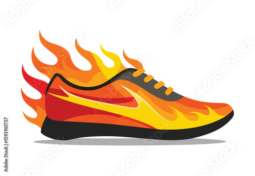 Fiery running shoes vector illustration, blazing fast sneakers design, dynamic sports footwear