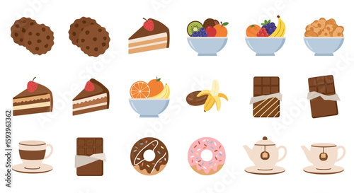 Illustration of cookies, cake slices, fruit bowls, bananas, chocolate bars, donuts, and teapots on white