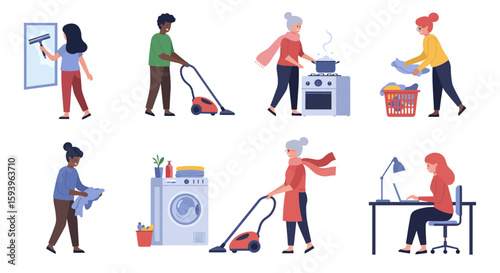 Illustrations depicting individuals engaged in various household chores and activities at home setting