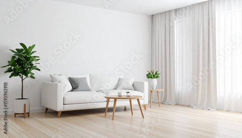 Wallpaper Mural Minimalist Living Room: Experience the serenity of a minimalist living room with a light-filled ambiance, showcasing clean lines, natural elements, and a touch of modern sophistication.  Torontodigital.ca