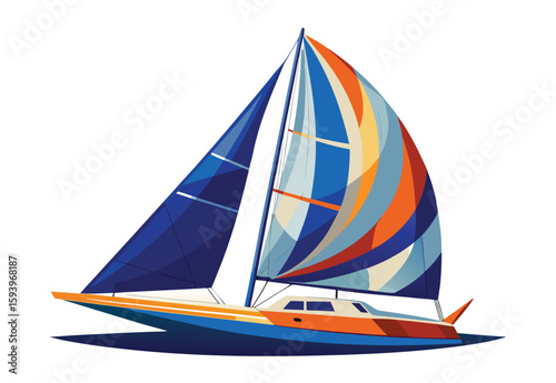 Racing Sailboat in River Vector Illustration for Clipart Design and Nautical Artwork