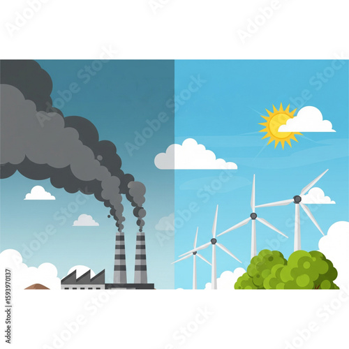  illustration of climate change awareness with split scene: one side polluted factory and drought, other side green trees and renewable energy, informative composition for environmental campaigns.