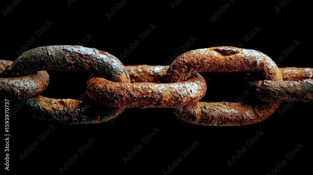 Fototapeta premium The close-up of the rusty and broken chains, symbolizing desolation and the disconnect from social media, represents a space for sharing experiences through pictures or messages.