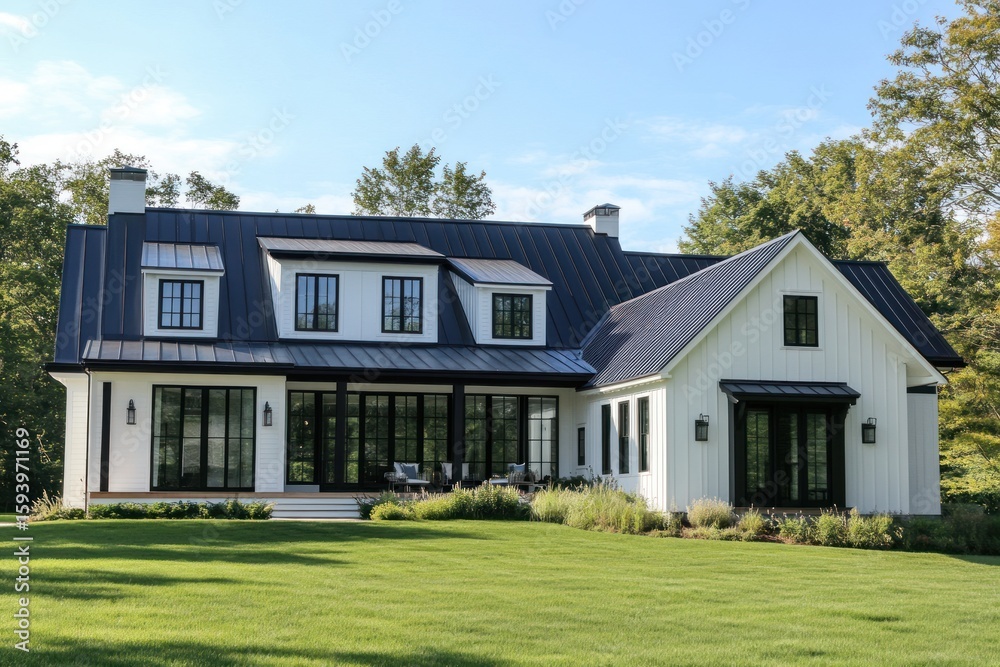 Fototapeta premium Country-modern farmhouse exterior with dark roof, white facade and black framed windows
