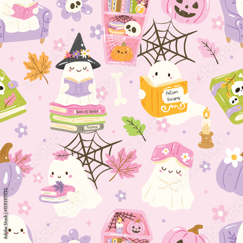 Cute Halloween Bookish Ghost Seamless Pattern with Books and Pastel Spooky Decor