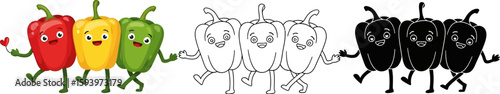 Cartoon peppers vector clip art illustration set for kids educational material design