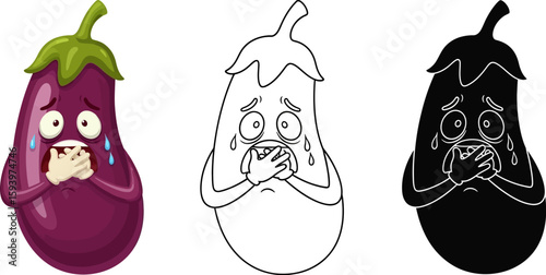 Sad eggplant cartoon vector illustration with color outline and silhouette versions