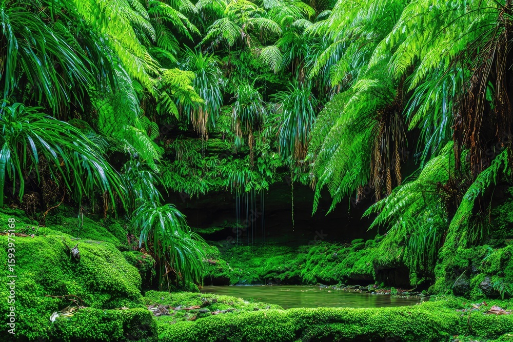 Fototapeta premium Lush fern forest with mossy rocks and a small waterfall