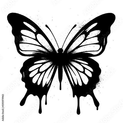 Black spray paint butterfly with drips and splatter isolated