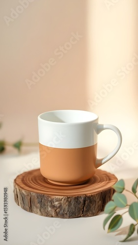 Minimalist Two-Tone Ceramic Mug on Natural Wood Coaster with Soft Morning Light