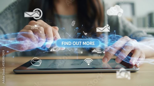 Woman Using Digital Tablet with Data and Information Flowing Through Blue Light Connections With Find Out More Button and Iconography Overlay