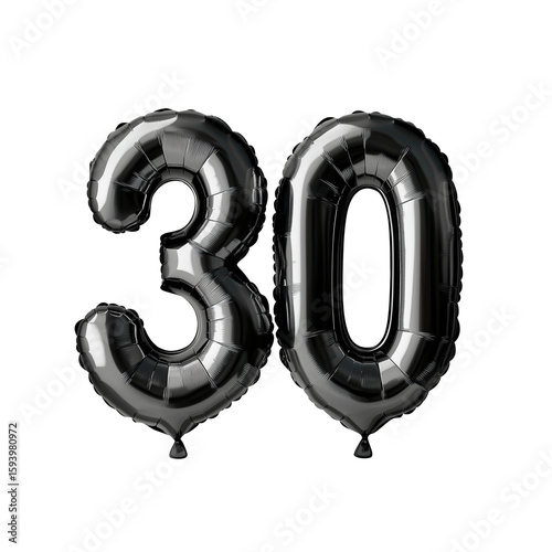 Black birthday balloon number 30 isolated on transparent background