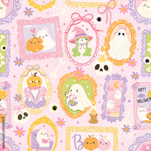 Pastel Halloween Ghost Portrait Seamless Pattern, Cute Spooky Frames and Characters