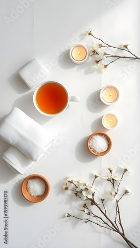 White Wellness Flatlay: Herbal Tea, Candlelight, and Spa Essentials