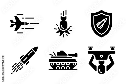 set of icons representing military actions such as missile, drone, bombing, air strike, tank, and defense system. Ideal for conflict, war, and security visuals.