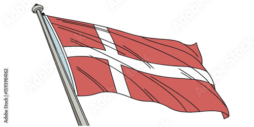 Flag of Denmark (Dannebrog) with Iconic White Scandinavian Cross on a Deep Red Background