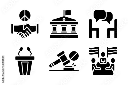 Set of diplomatic icons including ceasefire, summit, negotiation, sanctions, embassy, and press conference. Useful for peace talks, conflict resolution, and global affairs.