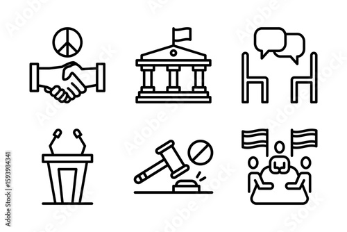 Set of diplomatic icons including ceasefire, summit, negotiation, sanctions, embassy, and press conference. Useful for peace talks, conflict resolution, and global affairs.