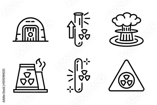 Icons on nuclear themes facility, uranium, enrichment process, bunker, explosion, and warning. Ideal for conflict, energy, and global threat concepts.