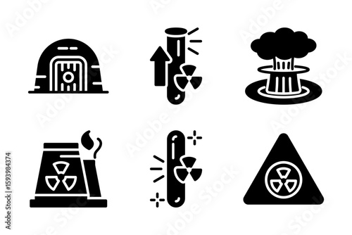 Icons on nuclear themes facility, uranium, enrichment process, bunker, explosion, and warning. Ideal for conflict, energy, and global threat concepts.