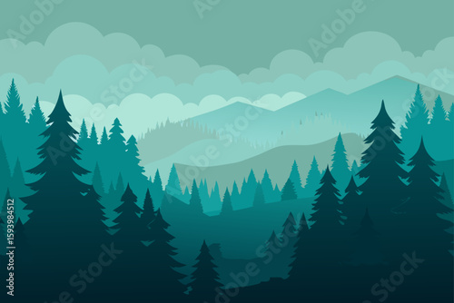 Misty Forest Scene with Tall Pine Trees View
