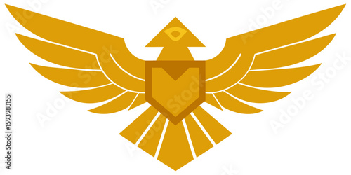 Golden emblem depicting a stylized bird with wings spread and a shield with an eye at the top center created with generated ai
