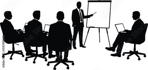 Silhouette of business meeting, professionals discussing, presentation with flip chart, teamwork, collaboration, strategy planning, office training, isolated on white

