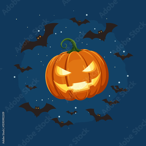 Floating Halloween pumpkin with bats on night sky